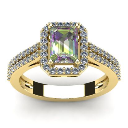 1-1/3 Carat Octagon Shape Mystic Topaz Ring With Diamond Halo In 14 Karat Yellow Gold