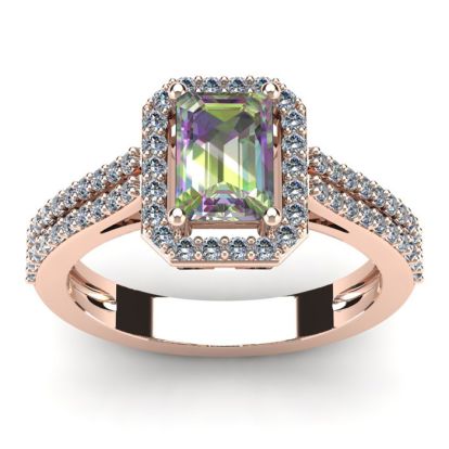 1-1/3 Carat Octagon Shape Mystic Topaz Ring With Diamond Halo In 14 Karat Rose Gold