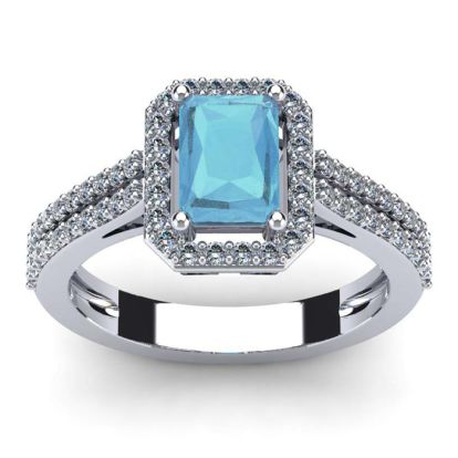 Aquamarine Ring: Aquamarine Jewelry: 1 1/3 Carat Aquamarine and Halo Diamond Ring In 14 Karat White Gold