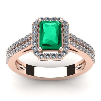 1 1/3 Carat Emerald and Halo Diamond Ring In 14 Karat Rose Gold