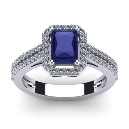 1 1/2 Carat Tanzanite and Halo Diamond Ring In 14 Karat White Gold