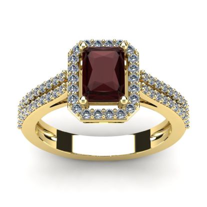 Garnet Ring: Garnet Jewelry: 1 3/4 Carat Garnet and Halo Diamond Ring In 14 Karat Yellow Gold