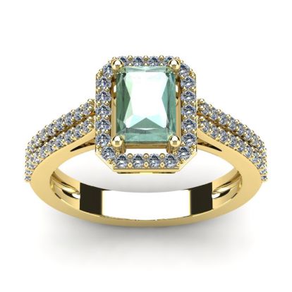 1 1/3 Carat Green Amethyst and Halo Diamond Ring In 14 Karat Yellow Gold
