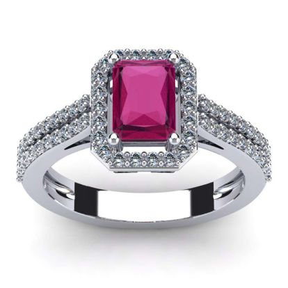 1 1/2 Carat Ruby and Halo Diamond Ring In 14 Karat White Gold