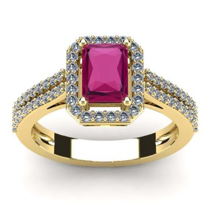 1 1/2 Carat Ruby and Halo Diamond Ring In 14 Karat Yellow Gold