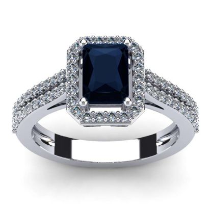 1 1/2 Carat Sapphire and Halo Diamond Ring In 14 Karat White Gold