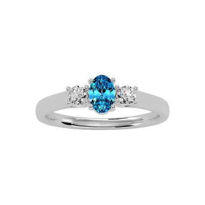 3/4 Carat Oval Shape Blue Topaz and Two Diamond Ring In 14 Karat White Gold