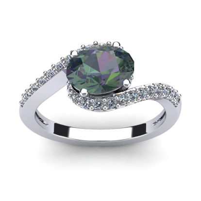 1-3/4 Carat Oval Shape Mystic Topaz Ring With Swirling Diamond Design In 14 Karat White Gold