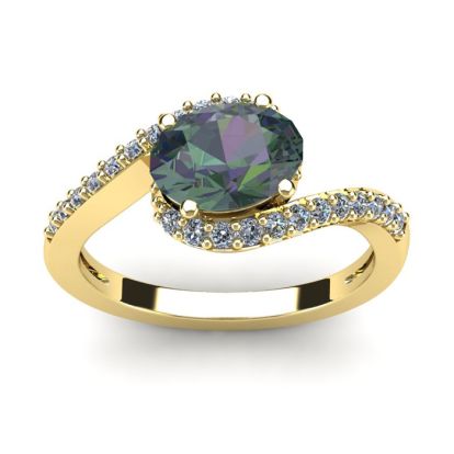 1-3/4 Carat Oval Shape Mystic Topaz Ring With Swirling Diamond Design In 14 Karat Yellow Gold