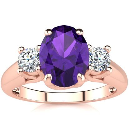 1 1/4 Carat Oval Shape Amethyst and Two Diamond Ring In 14 Karat Rose Gold