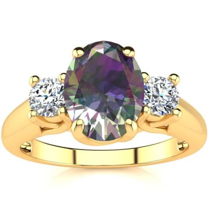 1-3/4 Carat Oval Shape Mystic Topaz Ring With Two Diamonds In 14 Karat Yellow Gold