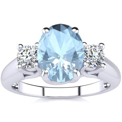 Aquamarine Ring: Aquamarine Jewelry: 1 1/3 Carat Oval Shape Aquamarine and Two Diamond Ring In 14 Karat White Gold