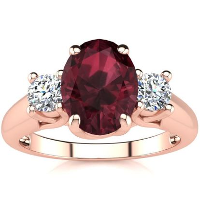 Garnet Ring: Garnet Jewelry: 1 3/4 Carat Oval Shape Garnet and Two Diamond Ring In 14 Karat Rose Gold