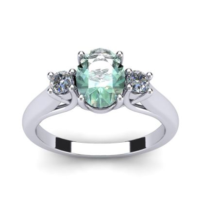 1 1/4 Carat Oval Shape Green Amethyst and Two Diamond Ring In 14 Karat White Gold