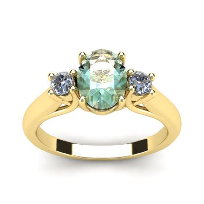 1 1/4 Carat Oval Shape Green Amethyst and Two Diamond Ring In 14 Karat Yellow Gold