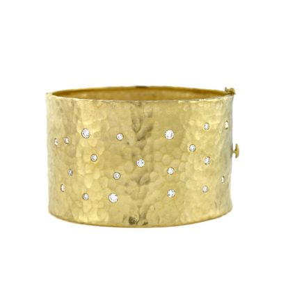 18 Karat Yellow Gold 40.5mm Hammered Finish, Diamond Polka Dot Bracelet