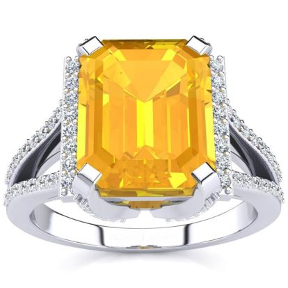 3 1/2 Carat Citrine and Halo Diamond Ring In 14 Karat White Gold