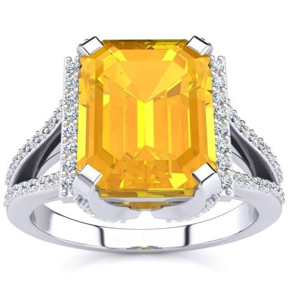 4 Carat Citrine and Halo Diamond Ring In 14 Karat White Gold
