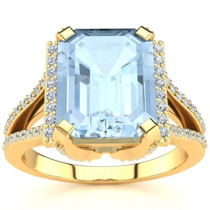 Aquamarine Ring: Aquamarine Jewelry: 4 Carat Aquamarine and Halo Diamond Ring In 14 Karat Yellow Gold
