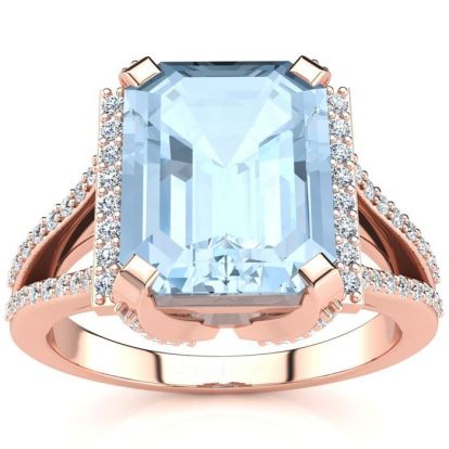 Aquamarine Ring: Aquamarine Jewelry: 3 1/2 Carat Aquamarine and Halo Diamond Ring In 14 Karat Rose Gold
