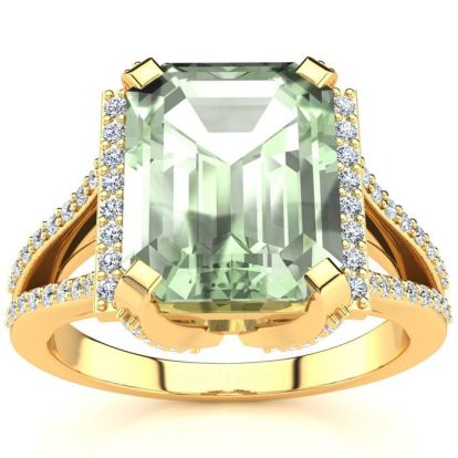 4 Carat Green Amethyst and Halo Diamond Ring In 14 Karat Yellow Gold