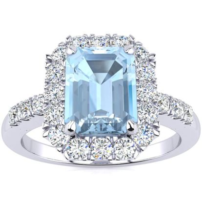 Aquamarine Ring: Aquamarine Jewelry: 2 Carat Aquamarine and Halo Diamond Ring In 14 Karat White Gold
