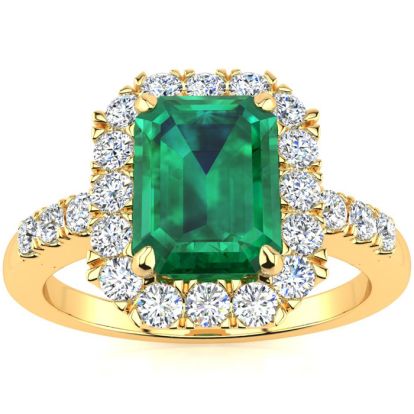 2 Carat Emerald and Halo Diamond Ring In 14 Karat Yellow Gold