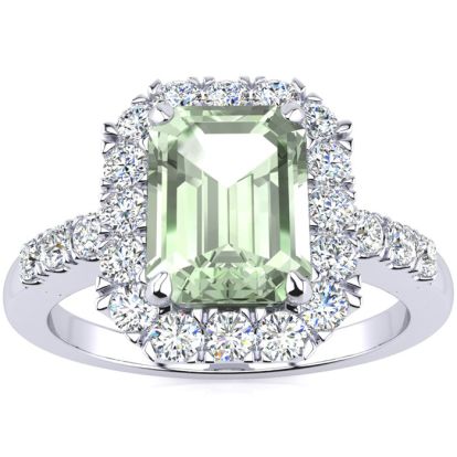 2 Carat Green Amethyst and Halo Diamond Ring In 14 Karat White Gold