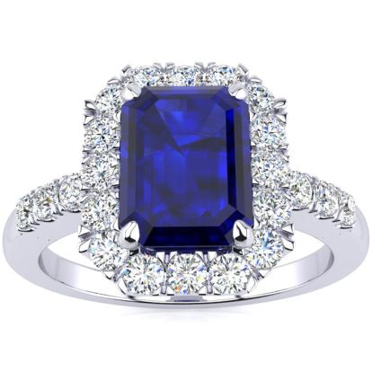 2 3/4 Carat Sapphire and Halo Diamond Ring In 14 Karat White Gold