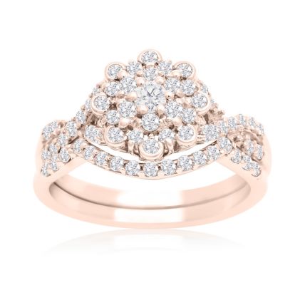3/4 Carat Floral Halo Diamond Bridal Set in 14 Karat Rose Gold

