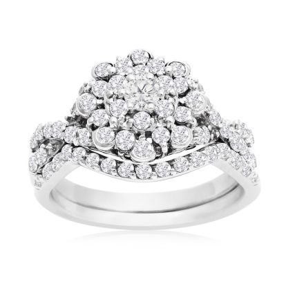 1 Carat Floral Halo Diamond Bridal Set in 14 Karat White Gold

