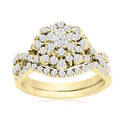 1 Carat Floral Halo Diamond Bridal Set in 14 Karat Yellow Gold

