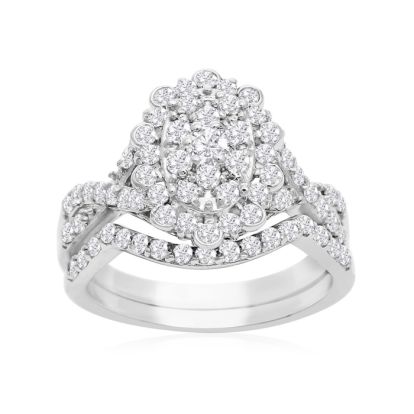 1 Carat Oval Halo Diamond Bridal Set in 14 Karat White Gold