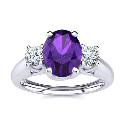 1 Carat Oval Shape Amethyst and Two Diamond Ring In 14 Karat White Gold