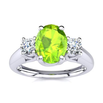 1 Carat Oval Shape Peridot and Two Diamond Ring In 14 Karat White Gold