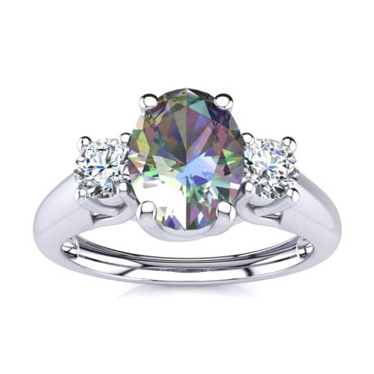 1-1/5 Carat Oval Shape Mystic Topaz Ring With Two Diamonds In 14 Karat White Gold