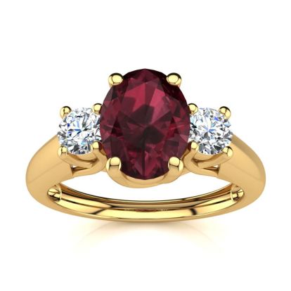 Garnet Ring: Garnet Jewelry: 1 1/5 Carat Oval Shape Garnet and Two Diamond Ring In 14 Karat Yellow Gold