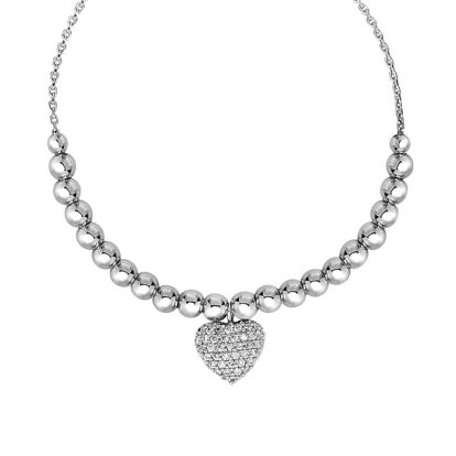 Sterling Silver Faceted Bead Adjustable Bead Bracelet with Cubic Zirconia Heart Charm

