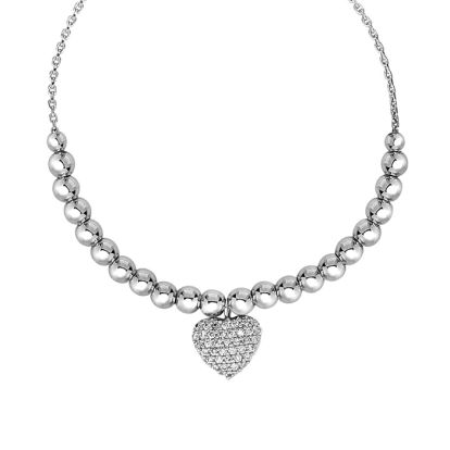 Sterling Silver Faceted Bead Adjustable Bead Bracelet with Cubic Zirconia Heart Charm
