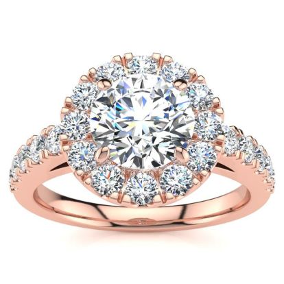 14 Karat Rose Gold 1 1/2 Carat Classic Round Halo Diamond Engagement Ring