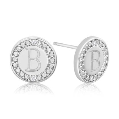 "B" Initial Diamond Stud Earrings In Sterling Silver