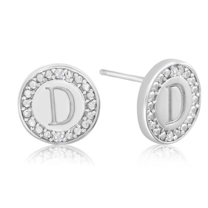 "D" Initial Diamond Stud Earrings In Sterling Silver