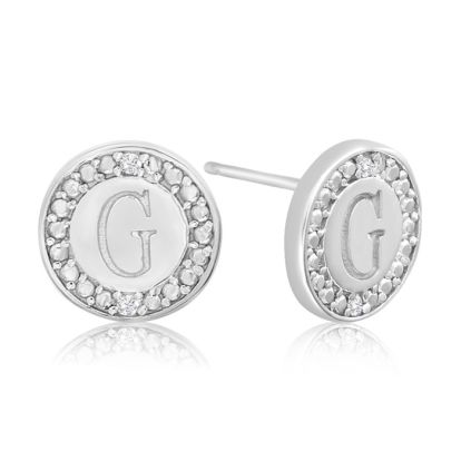 "G" Initial Diamond Stud Earrings In Sterling Silver