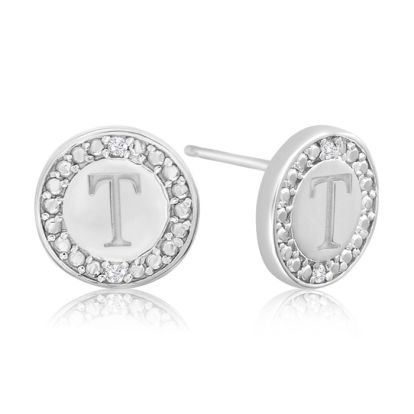 "T" Initial Diamond Stud Earrings In Sterling Silver
