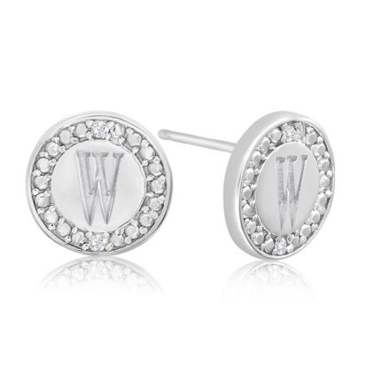 "W" Initial Diamond Stud Earrings In Sterling Silver

