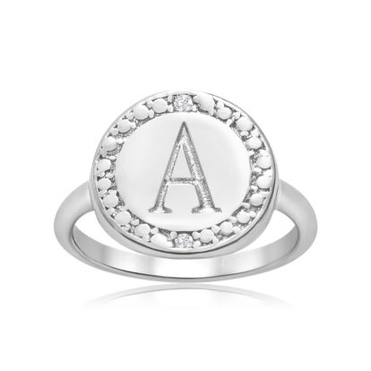"A" Initial Diamond Pinkie Ring In Sterling Silver
