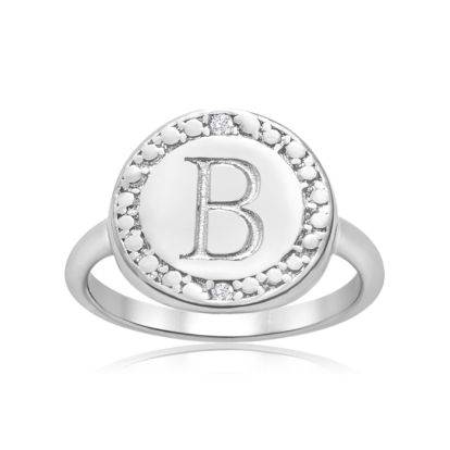 "B" Initial Diamond Pinkie Ring In Sterling Silver
