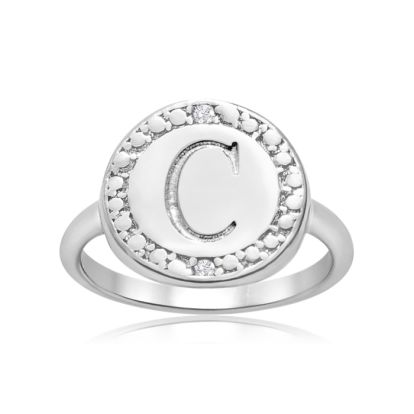 "C" Initial Diamond Pinkie Ring In Sterling Silver
