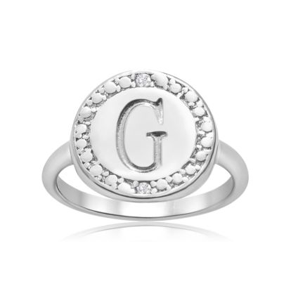 "G" Initial Diamond Pinkie Ring In Sterling Silver