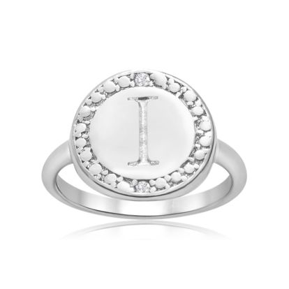 "I" Initial Diamond Pinkie Ring In Sterling Silver